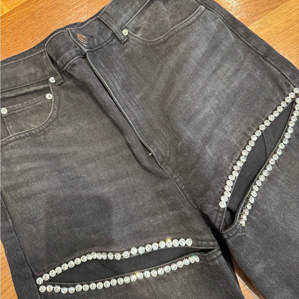 Black Wide-Leg Area Jeans with Stone Detailing - Picture 3 of 6